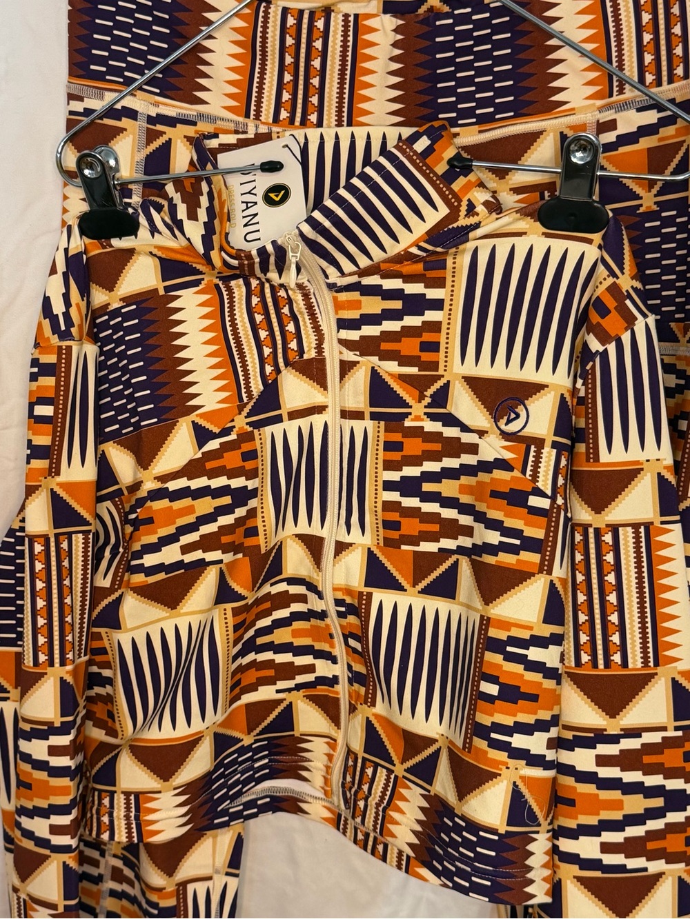 VAnu Geometric Zip-Front Skirt Set in Navy, Orange & Cream
